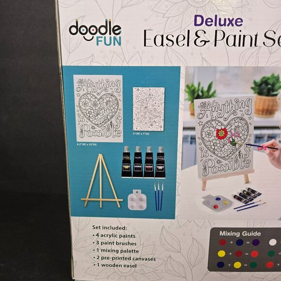 Doodle Fun Deluxe Easel & Paint Set 2 Canvases Acrylic Paints Brushes Easel6+ - Picture 3 of 6